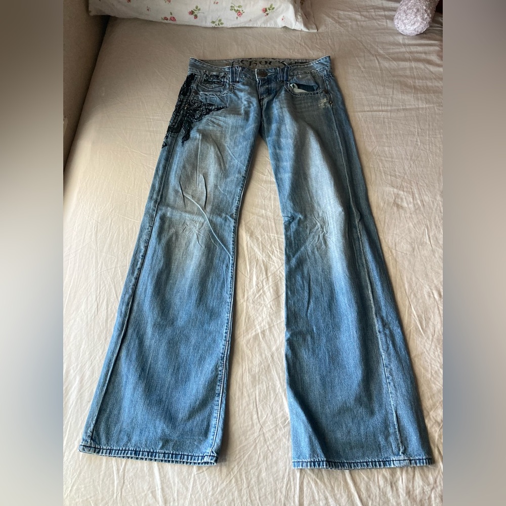 Vintage Rerock Women’s Embroidered Wide Leg Jeans - Picture 3 of 16